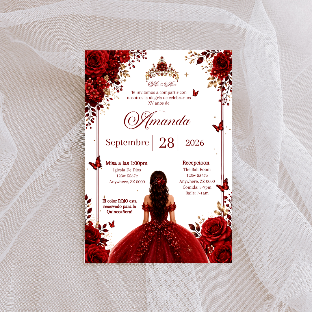 Editable Red Quinceañera Invitation | Spanish Digital XV Invite