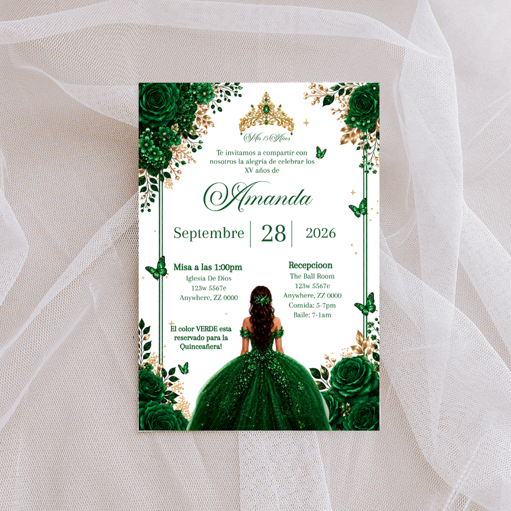 Editable Emerald Green Quinceañera Invitation | Spanish Digital XV Invite