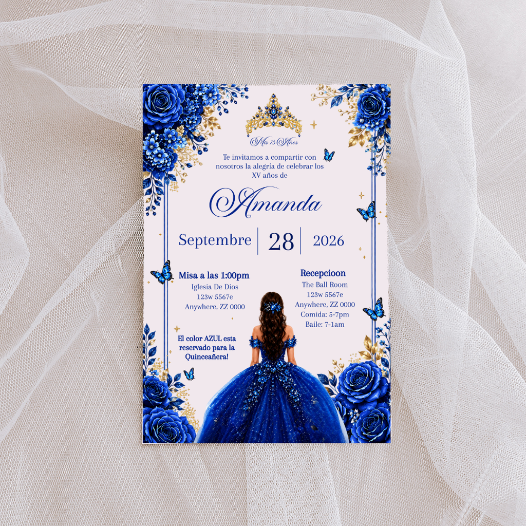 Editable Royal Blue Quinceañera Invitation | Spanish Digital XV Invite