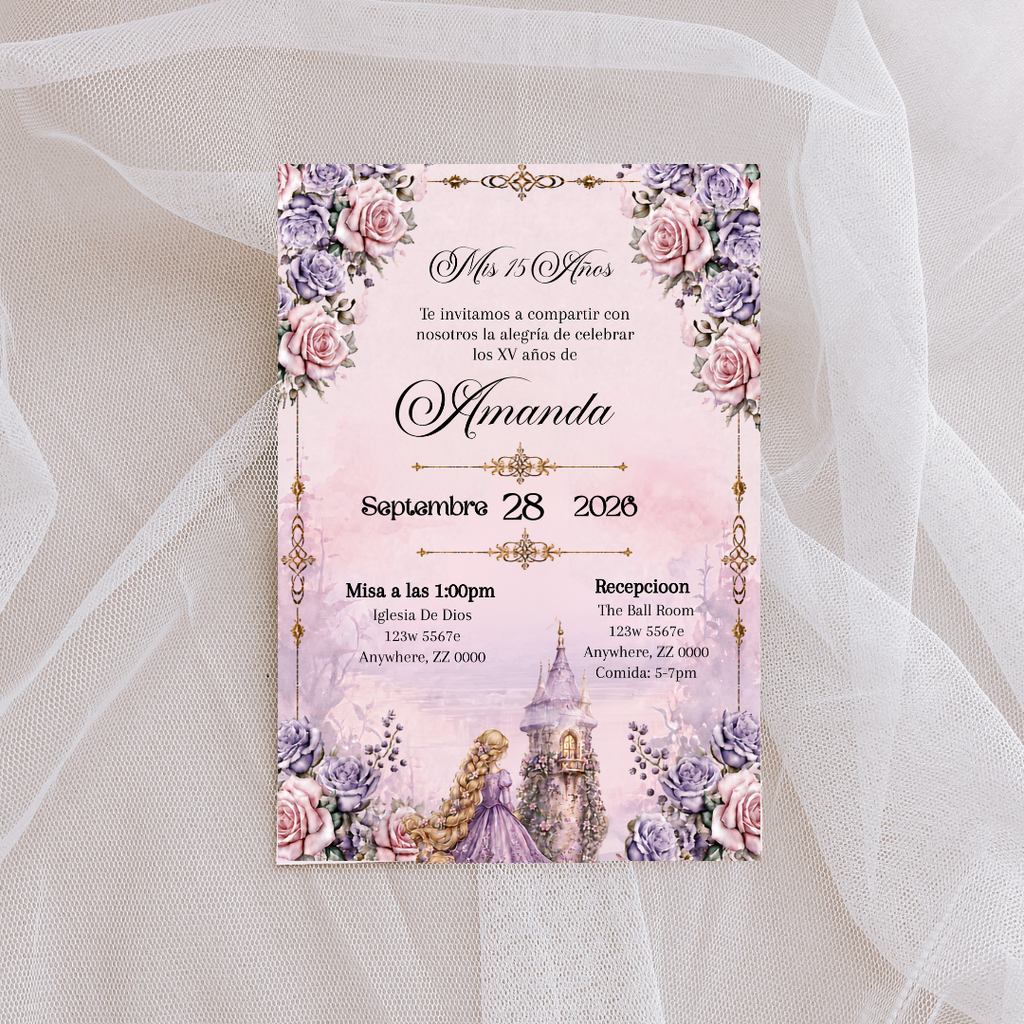 Editable Rapunzel Quinceañera Invitation | Spanish Fairytale XV Invite