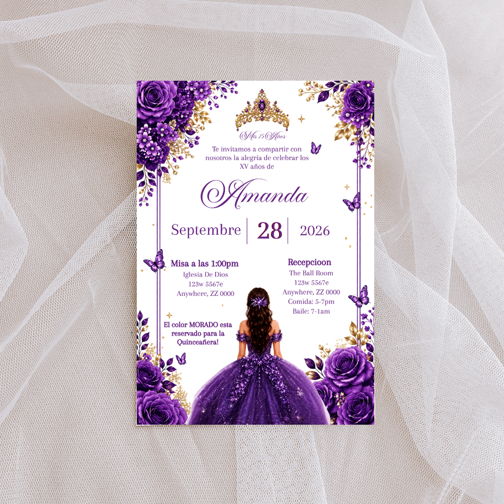 Editable Purple Quinceañera Invitation | Spanish Digital XV Invite