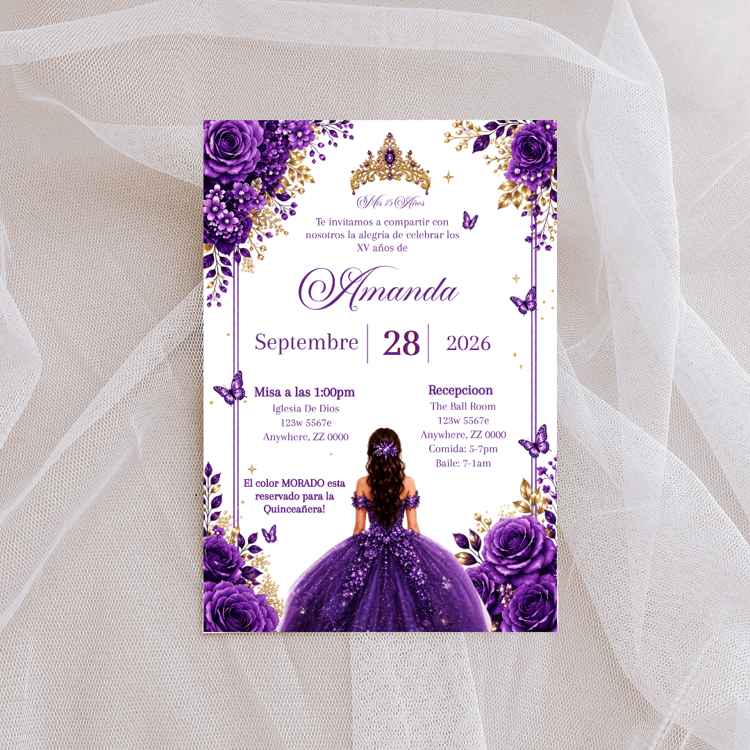 Editable Purple Quinceañera Invitation | Spanish Digital XV Invite