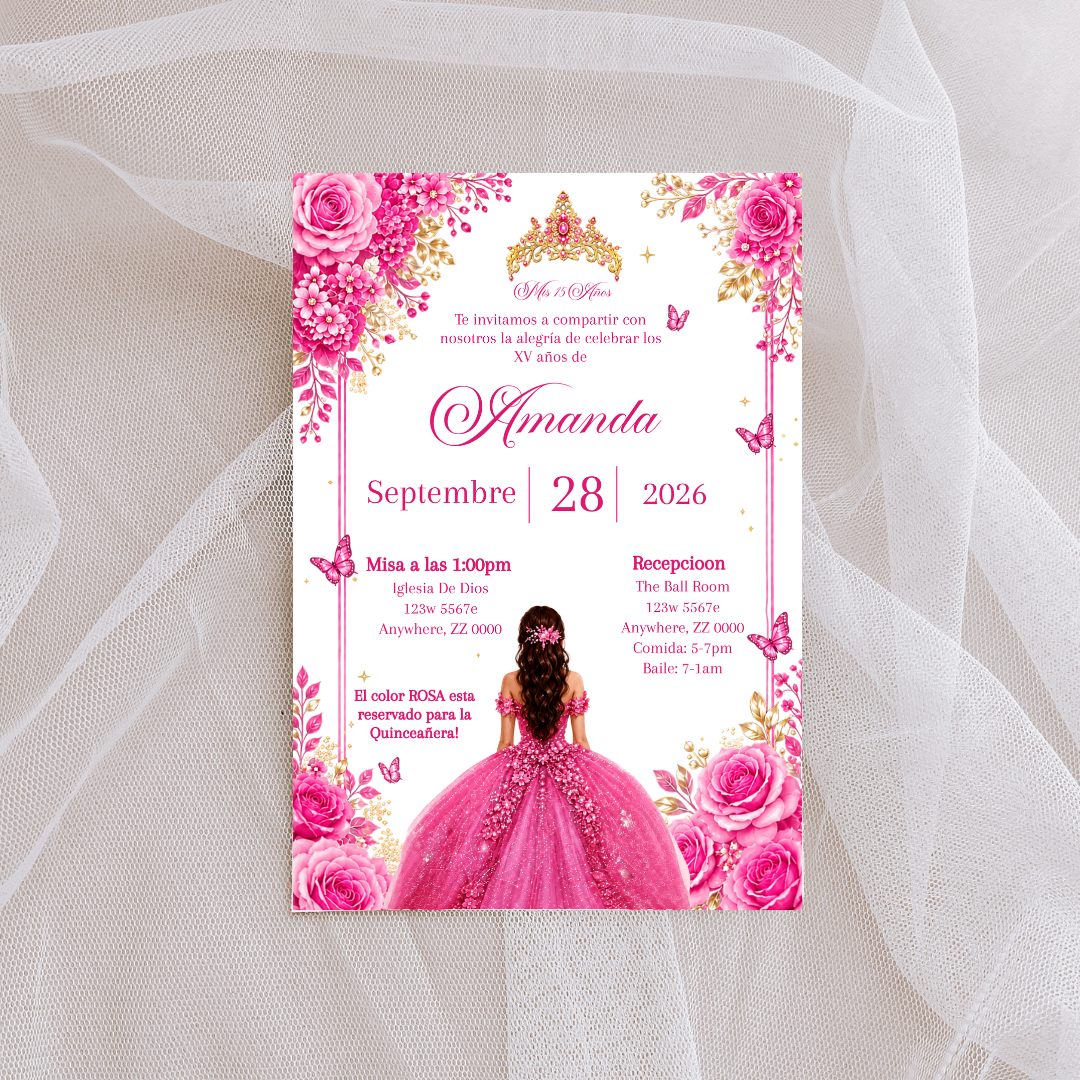 Editable Pink Quinceañera Invitation | Spanish Digital XV Invite