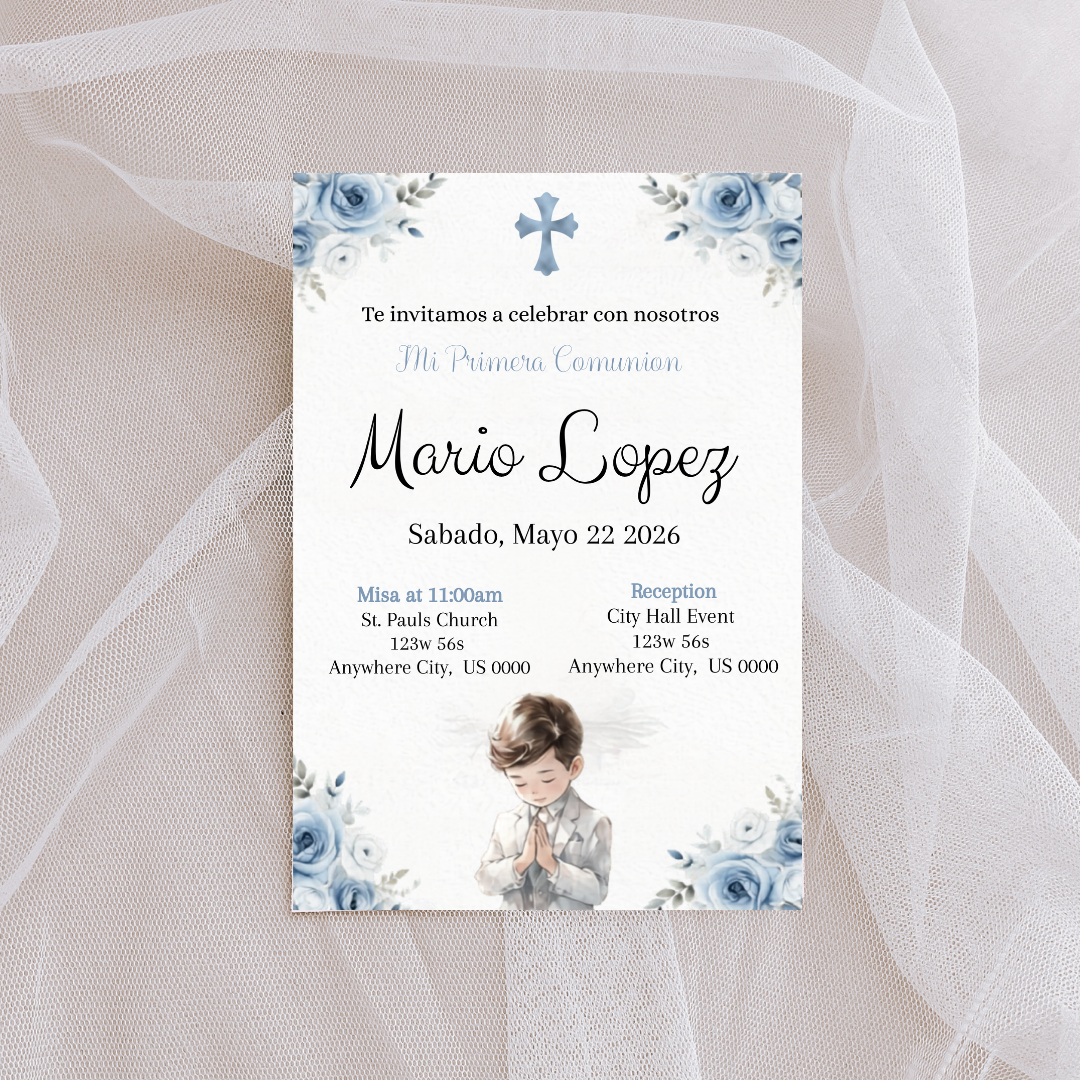 Editable First Communion Invitation for Boy | Spanish Blue Primera Comunión Invite