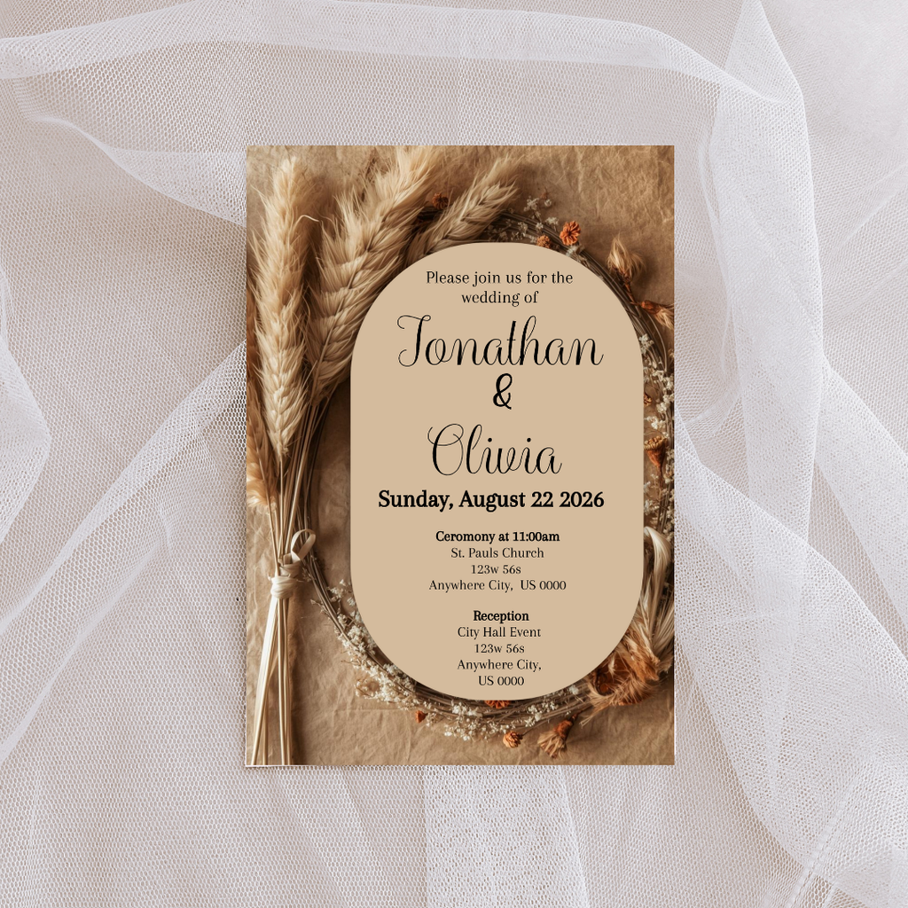 Editable Boho Wedding Invitation | Pampas Grass Rustic Neutral Wedding Invite