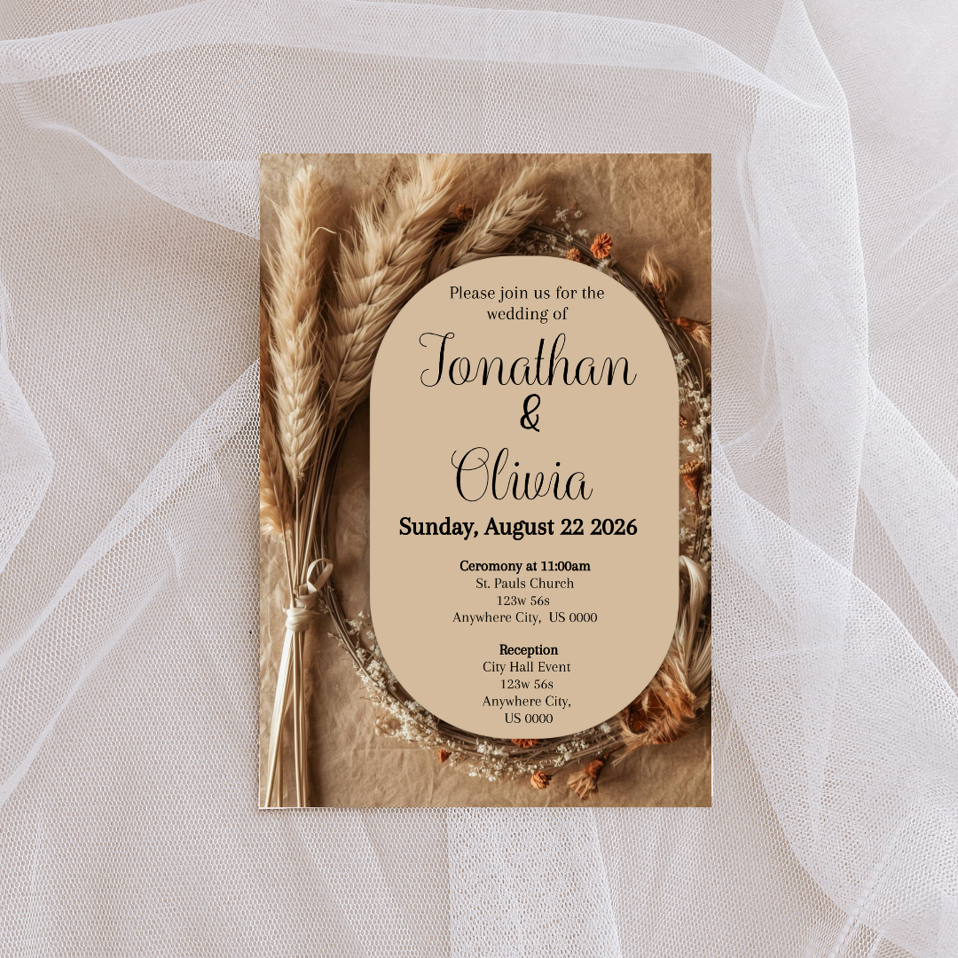 Editable Boho Wedding Invitation | Pampas Grass Rustic Neutral Wedding Invite