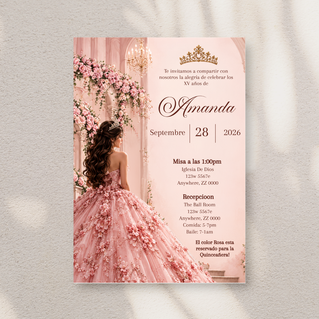 Editable Pink Quinceañera Invitation | Spanish Digital XV Invite