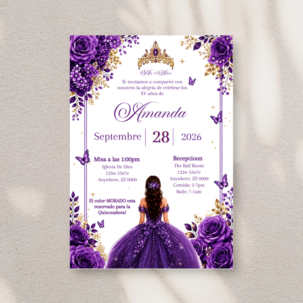Editable Purple Quinceañera Invitation | Spanish Digital XV Invite