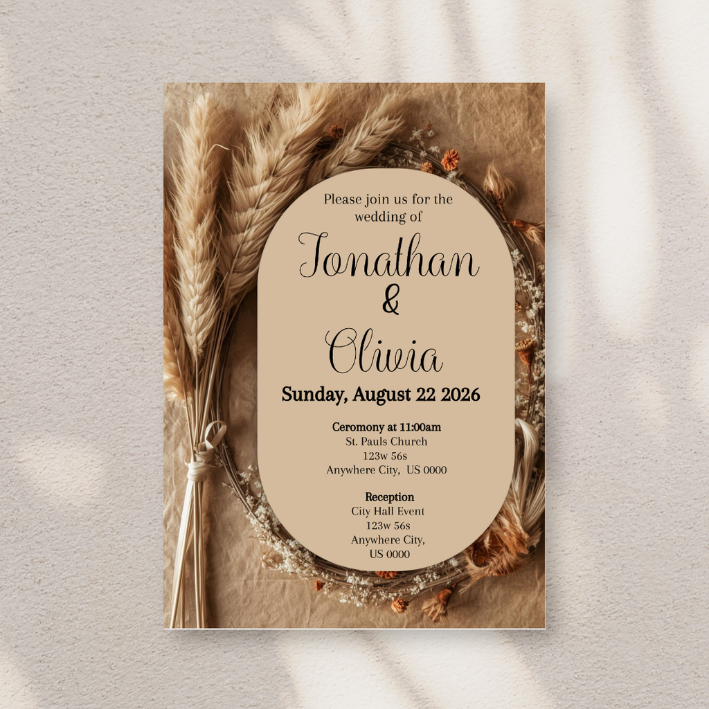 Editable Boho Wedding Invitation | Pampas Grass Rustic Neutral Wedding Invite