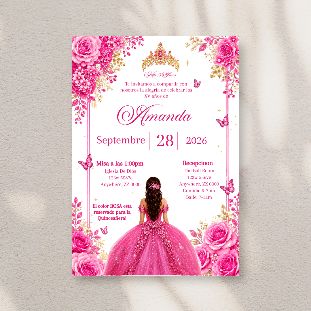 Editable Pink Quinceañera Invitation | Spanish Digital XV Invite