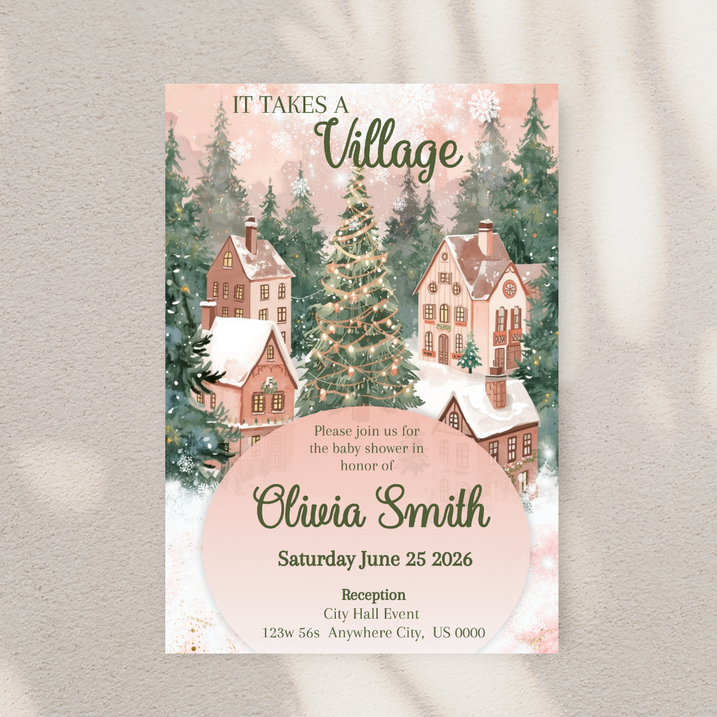 Pink "It Takes A Village" Baby Shower Digital Invite