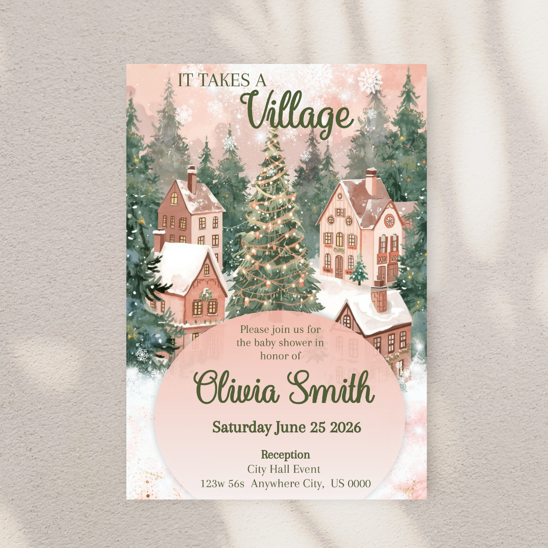 Pink "It Takes A Village" Baby Shower Digital Invite
