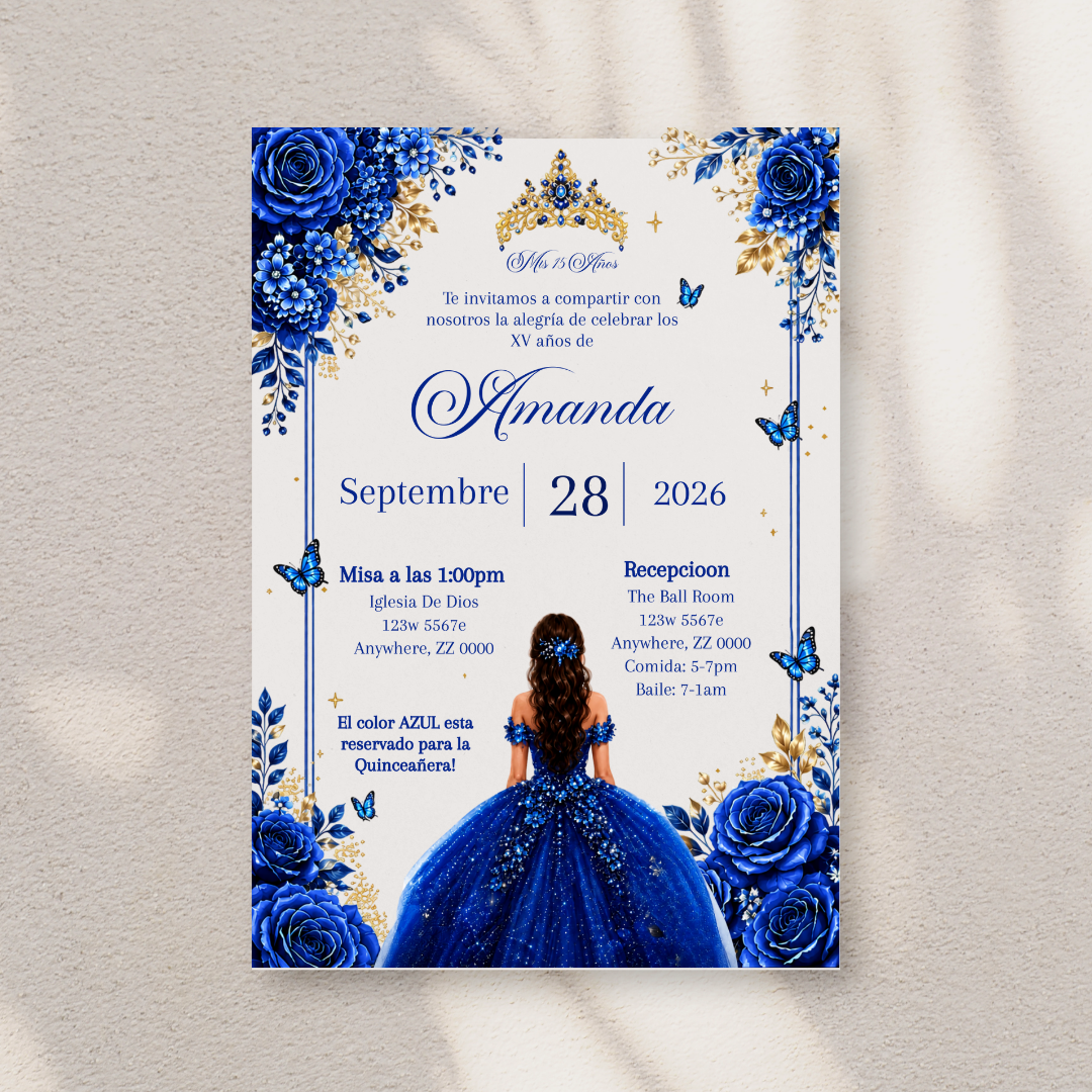 Editable Royal Blue Quinceañera Invitation | Spanish Digital XV Invite