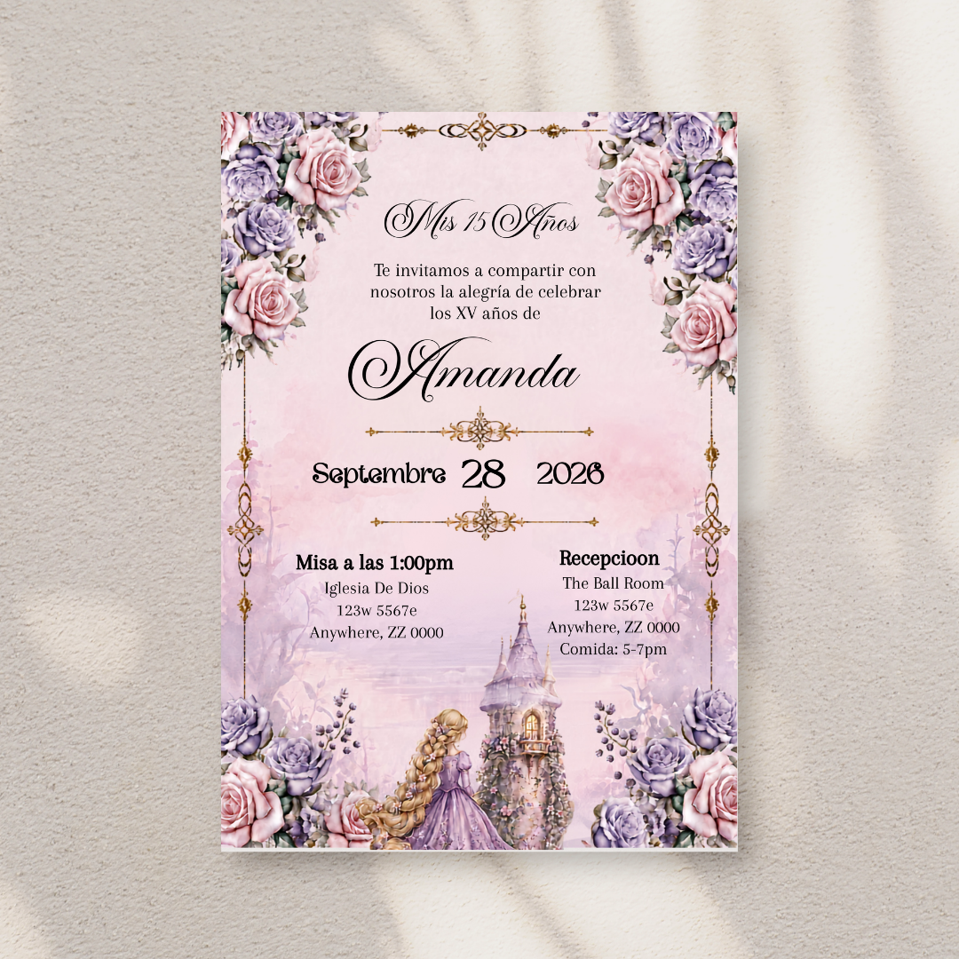 Editable Rapunzel Quinceañera Invitation | Spanish Fairytale XV Invite