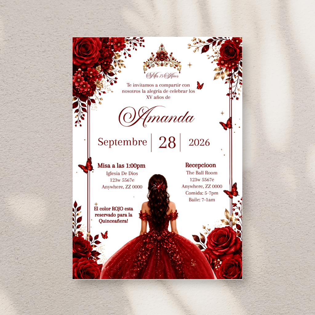 Editable Red Quinceañera Invitation | Spanish Digital XV Invite