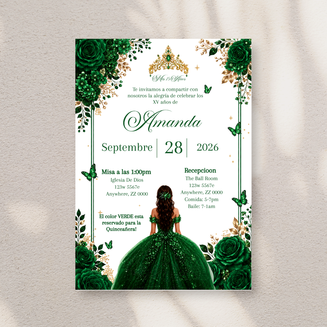 Editable Emerald Green Quinceañera Invitation | Spanish Digital XV Invite