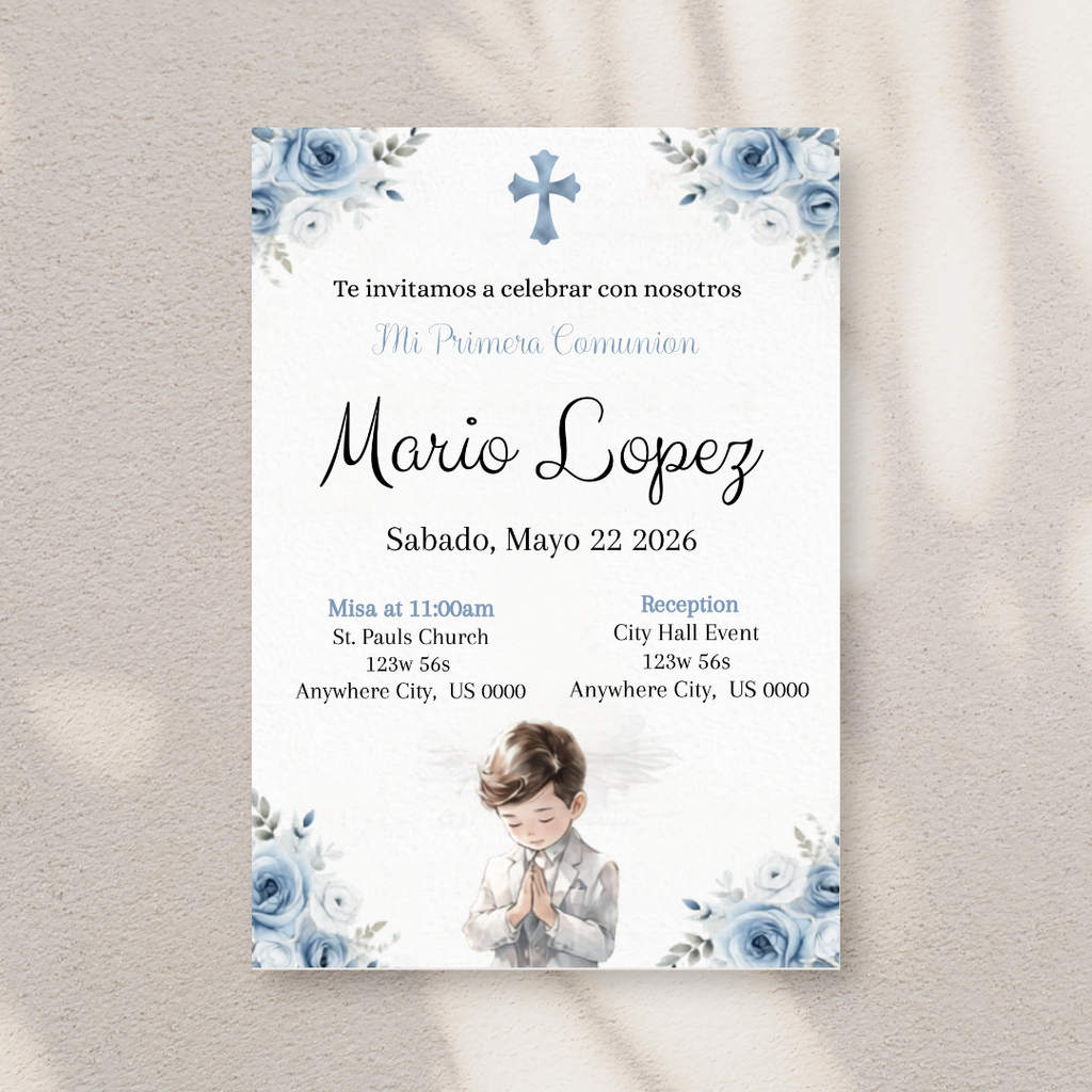 Editable First Communion Invitation for Boy | Spanish Blue Primera Comunión Invite