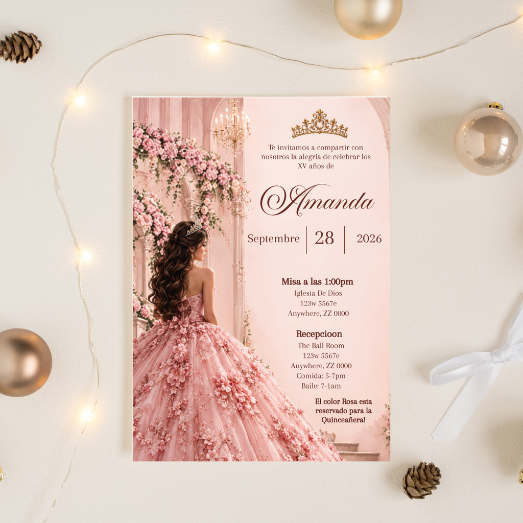 Editable Pink Quinceañera Invitation | Spanish Digital XV Invite