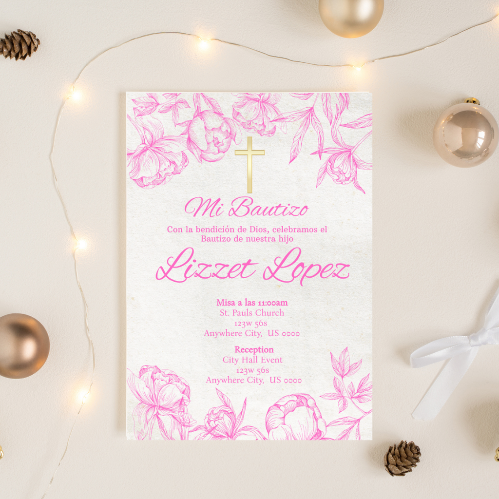 Pink Bautizo Cardstock Invite