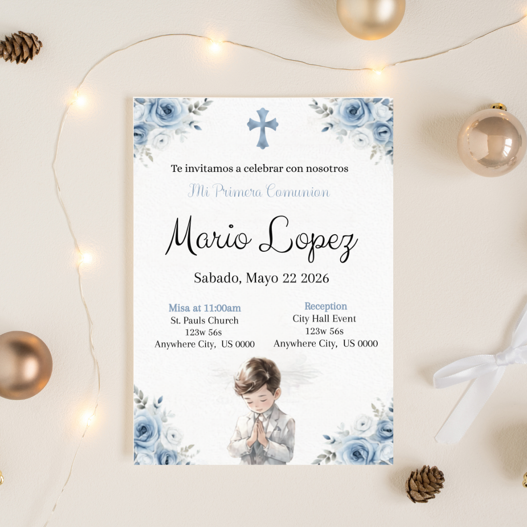 Editable First Communion Invitation for Boy | Spanish Blue Primera Comunión Invite