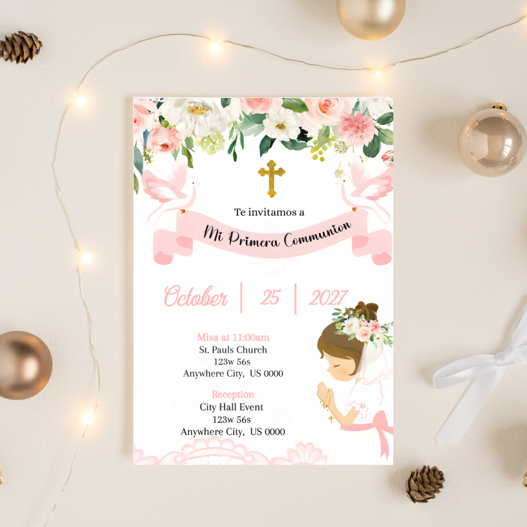 Editable First Communion Invitation for Girl | Spanish Primera Comunión Digital Invite