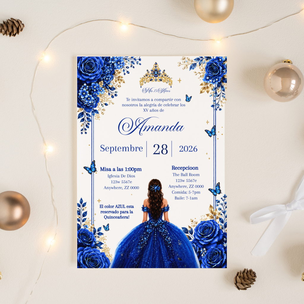 Editable Royal Blue Quinceañera Invitation | Spanish Digital XV Invite