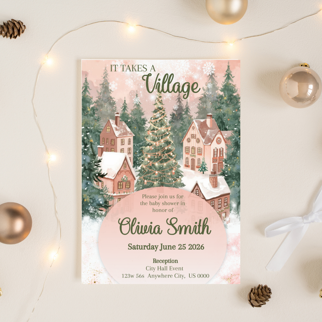 Pink "It takes a Village" Babyshower Cardstock Invites