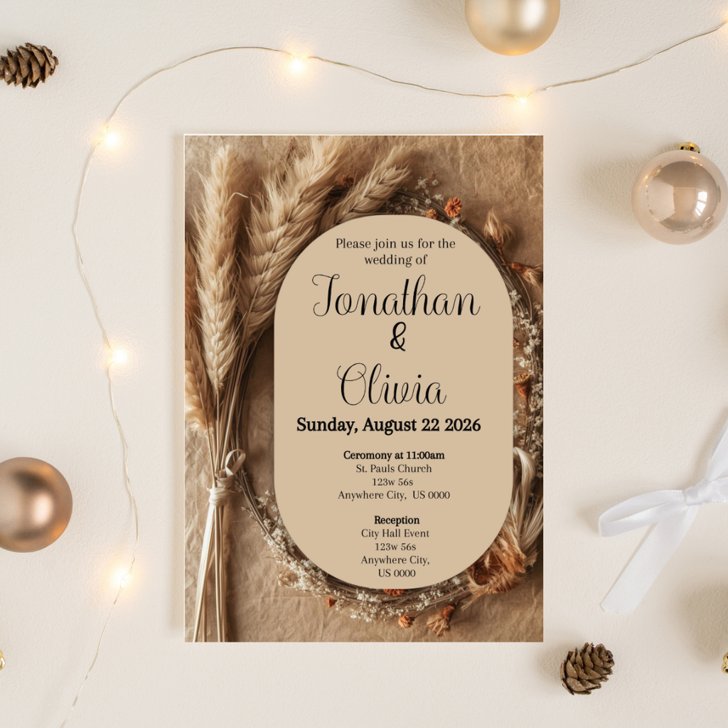 Editable Boho Wedding Invitation | Pampas Grass Rustic Neutral Wedding Invite