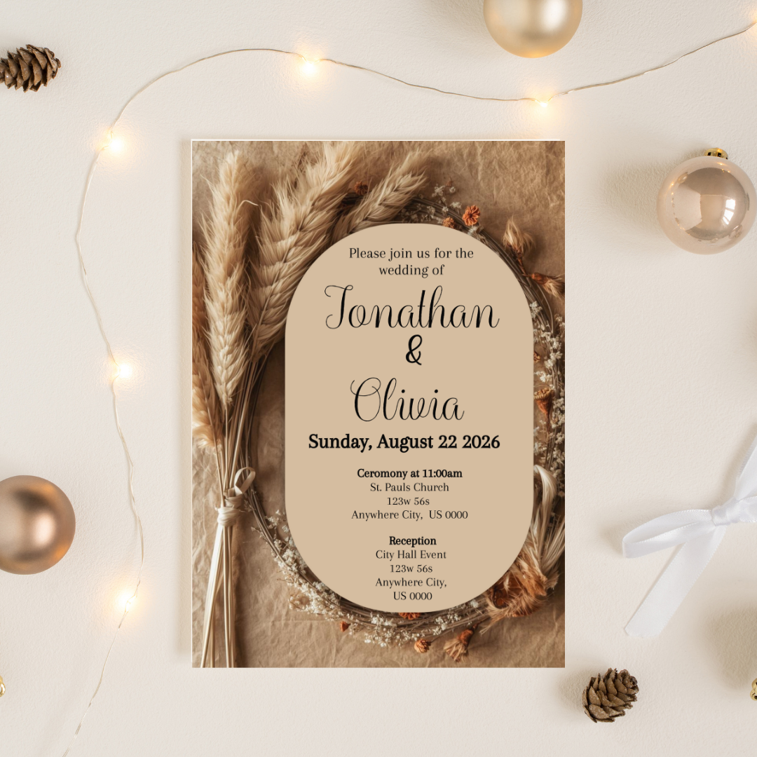 Editable Boho Wedding Invitation | Pampas Grass Rustic Neutral Wedding Invite