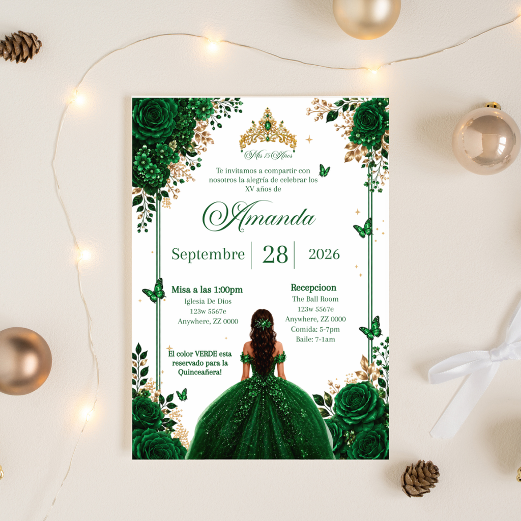 Editable Emerald Green Quinceañera Invitation | Spanish Digital XV Invite