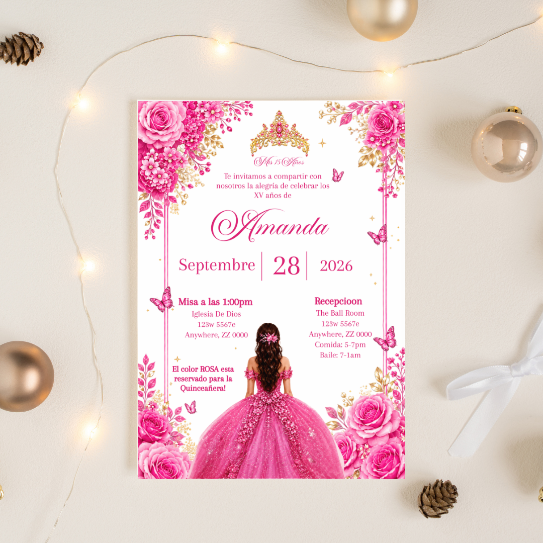 Editable Pink Quinceañera Invitation | Spanish Digital XV Invite