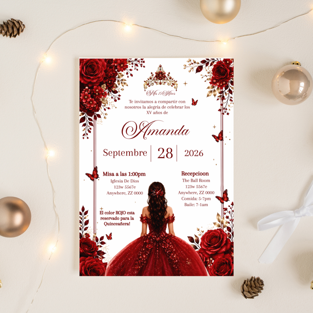 Editable Red Quinceañera Invitation | Spanish Digital XV Invite