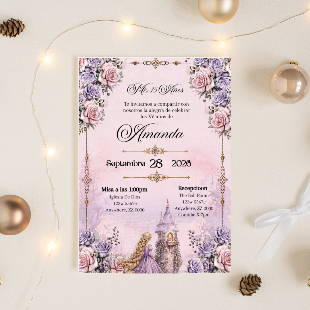 Editable Rapunzel Quinceañera Invitation | Spanish Fairytale XV Invite