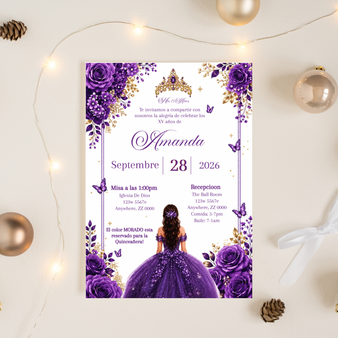 Editable Purple Quinceañera Invitation | Spanish Digital XV Invite