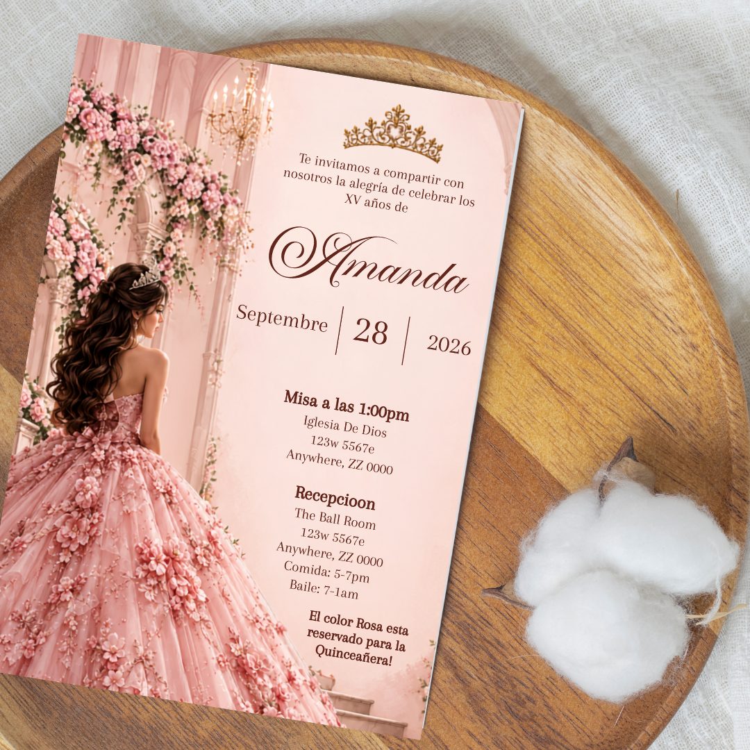 Editable Pink Quinceañera Invitation | Spanish Digital XV Invite