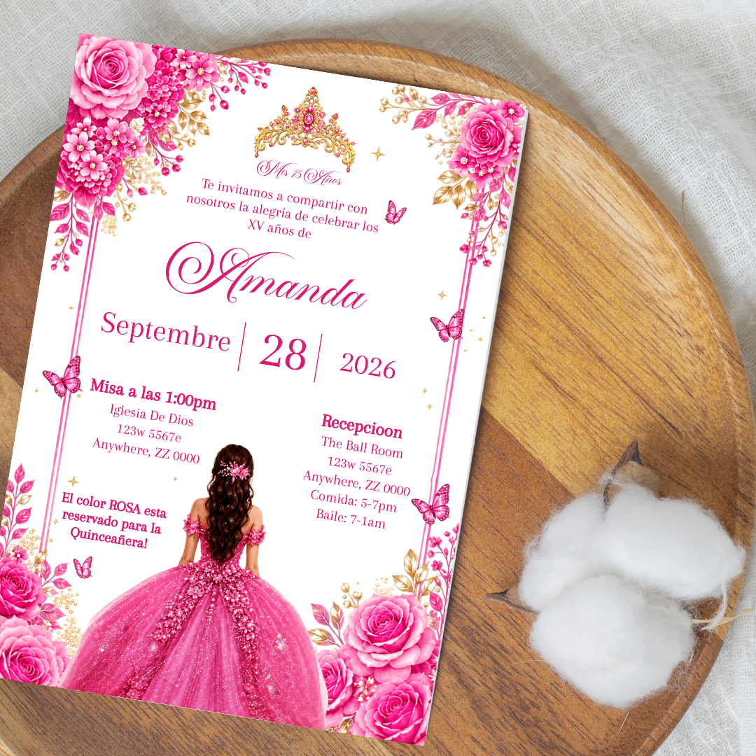 Editable Pink Quinceañera Invitation | Spanish Digital XV Invite