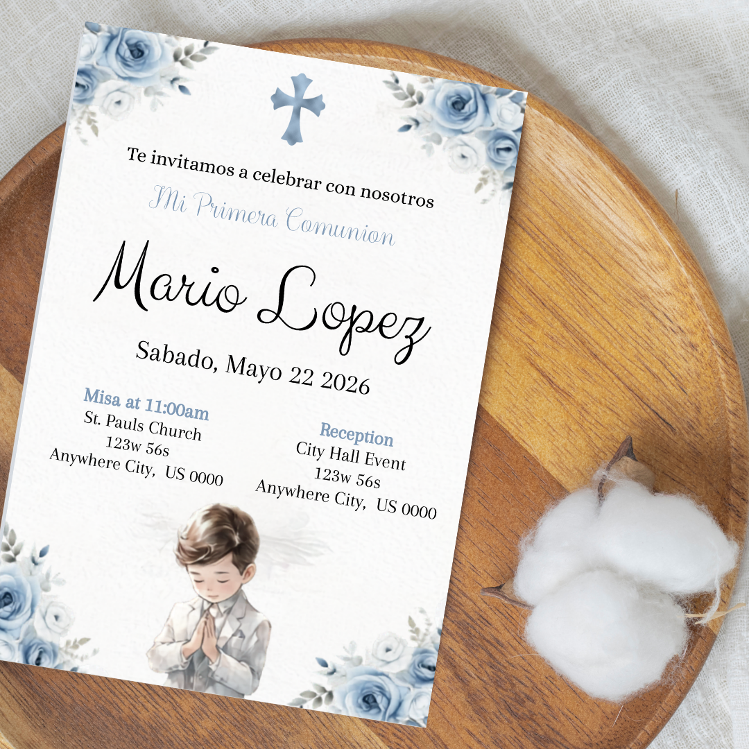 Editable First Communion Invitation for Boy | Spanish Blue Primera Comunión Invite