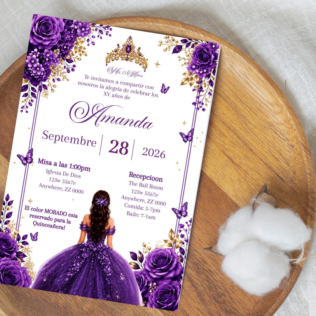 Editable Purple Quinceañera Invitation | Spanish Digital XV Invite