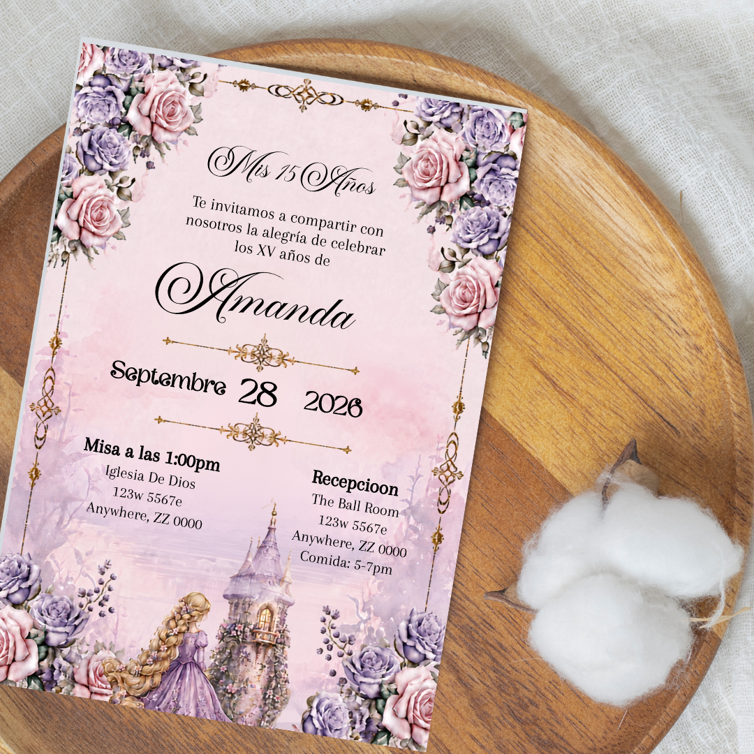 Editable Rapunzel Quinceañera Invitation | Spanish Fairytale XV Invite