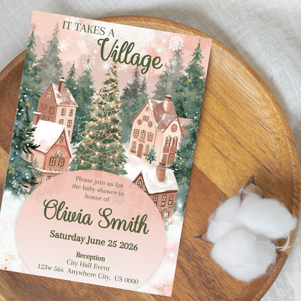 Pink "It Takes A Village" Baby Shower Digital Invite