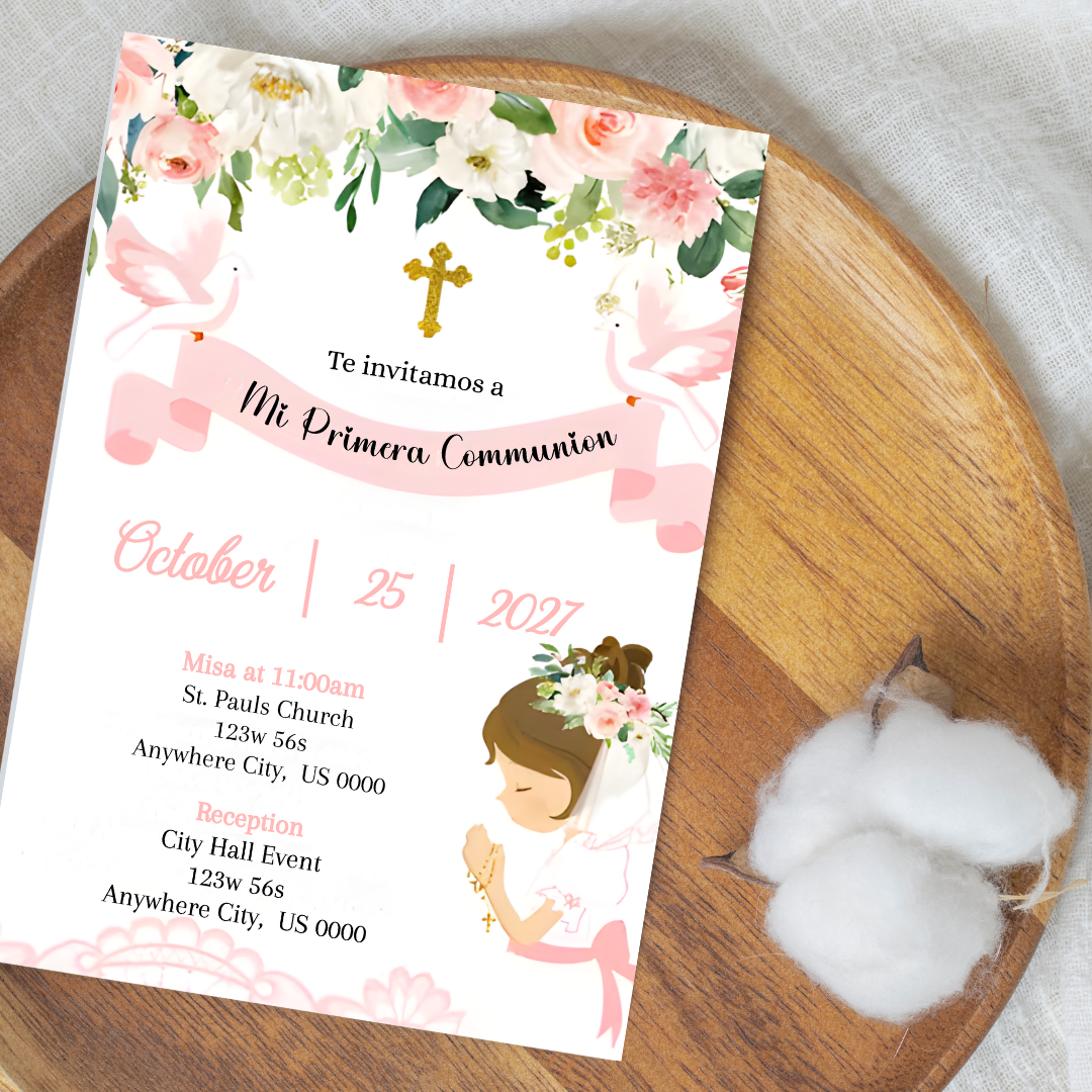Editable First Communion Invitation for Girl | Spanish Primera Comunión Digital Invite