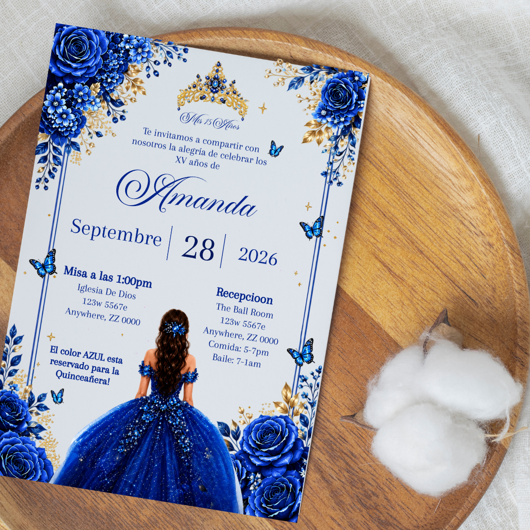 Editable Royal Blue Quinceañera Invitation | Spanish Digital XV Invite