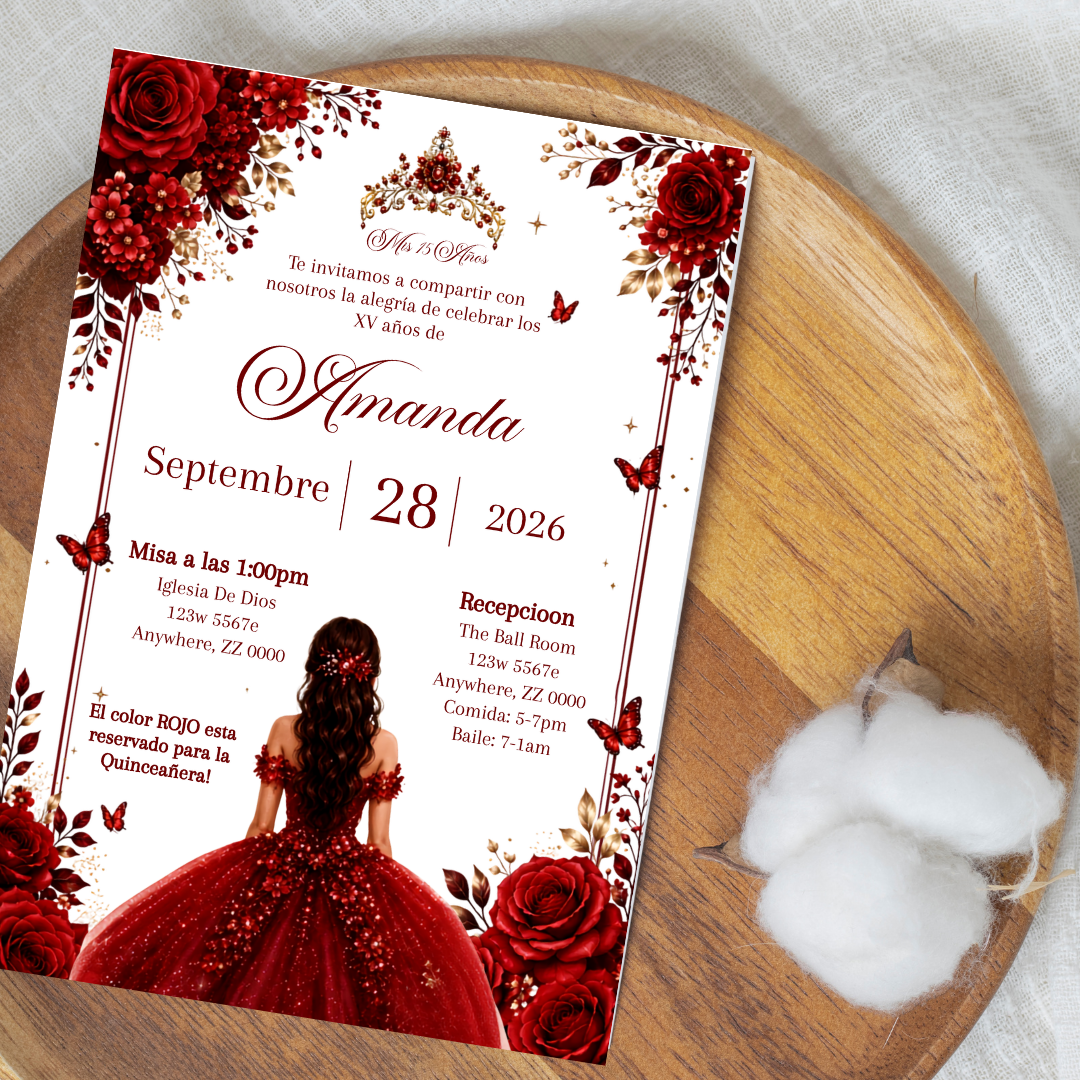 Editable Red Quinceañera Invitation | Spanish Digital XV Invite