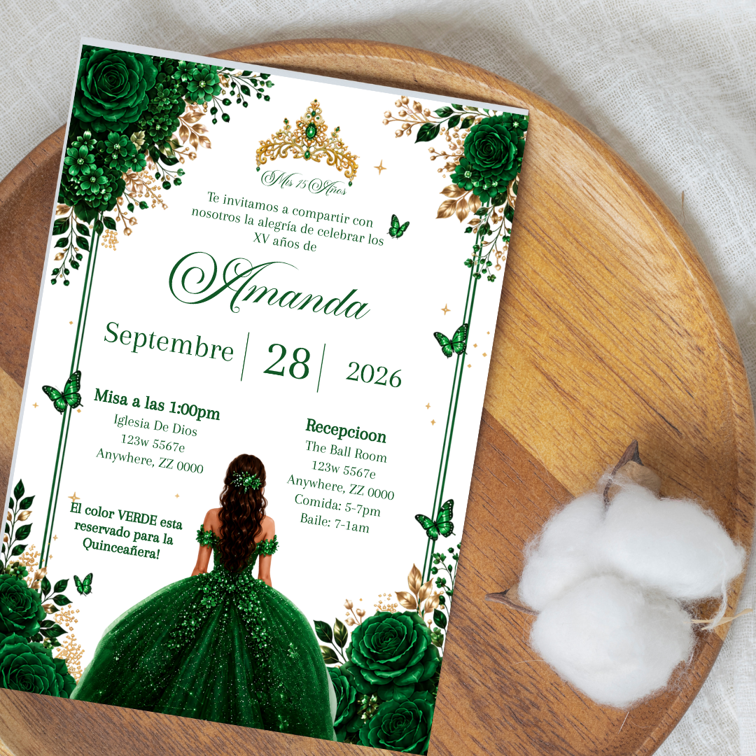 Editable Emerald Green Quinceañera Invitation | Spanish Digital XV Invite