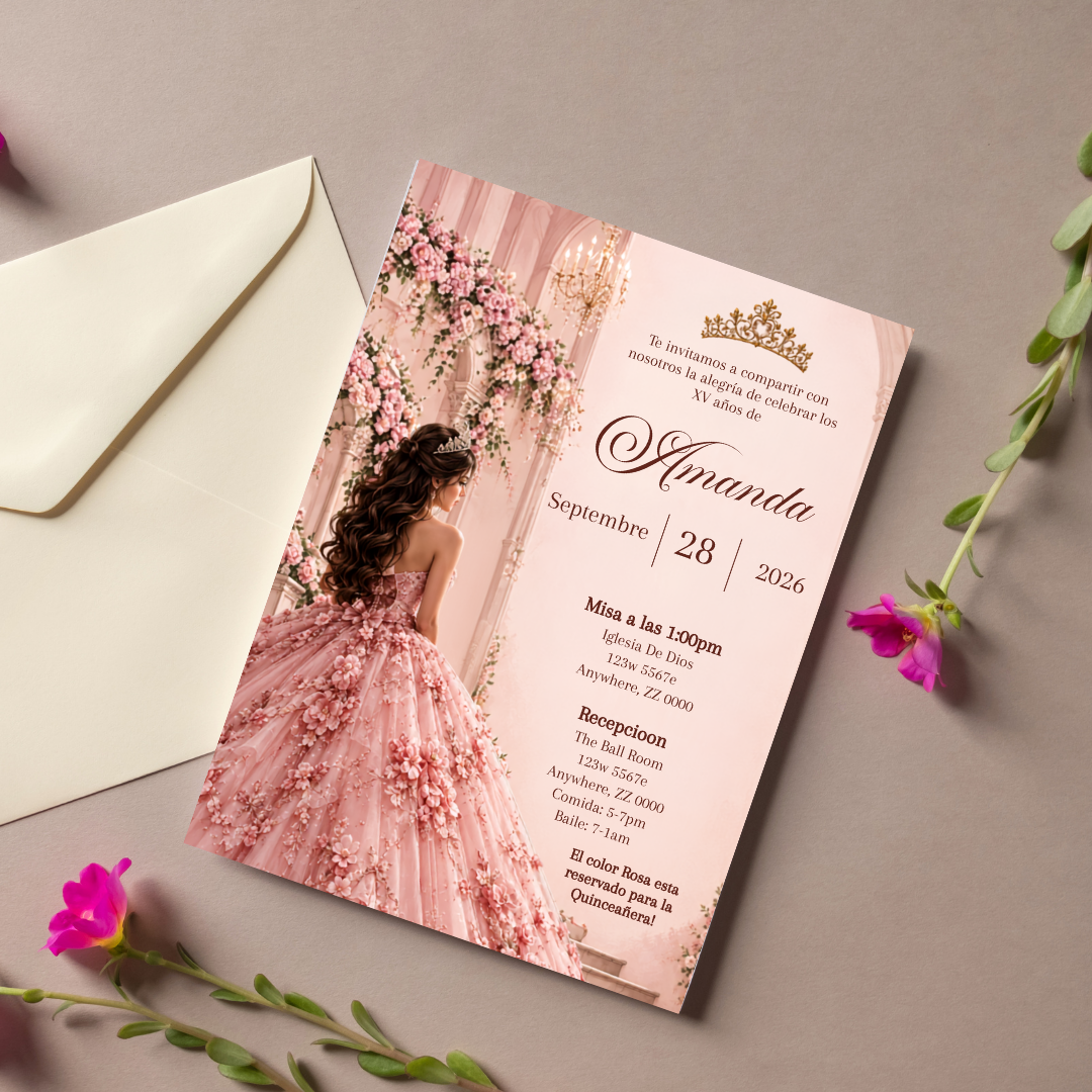 Editable Pink Quinceañera Invitation | Spanish Digital XV Invite