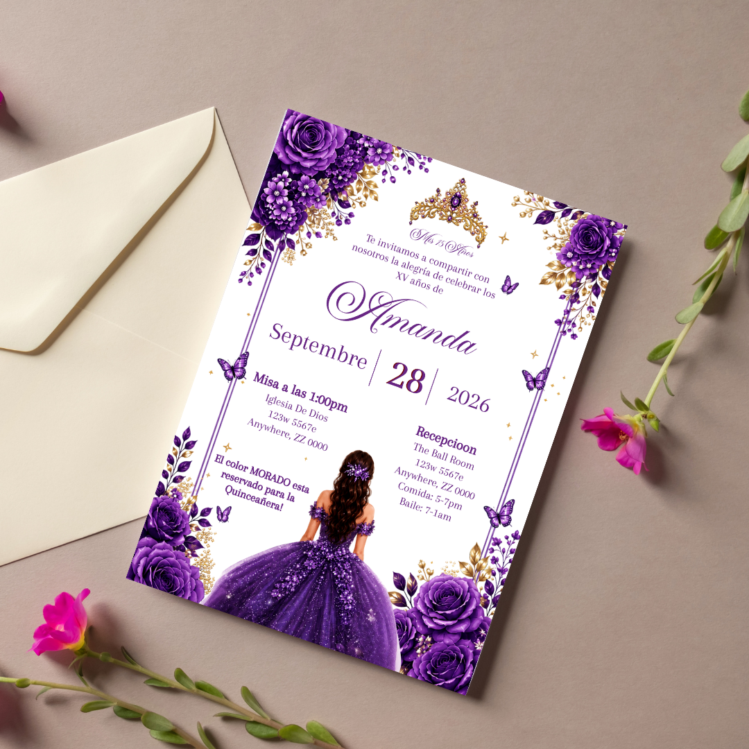 Editable Purple Quinceañera Invitation | Spanish Digital XV Invite