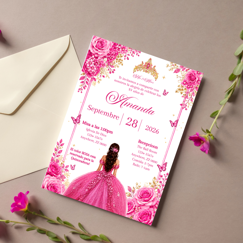 Editable Pink Quinceañera Invitation | Spanish Digital XV Invite