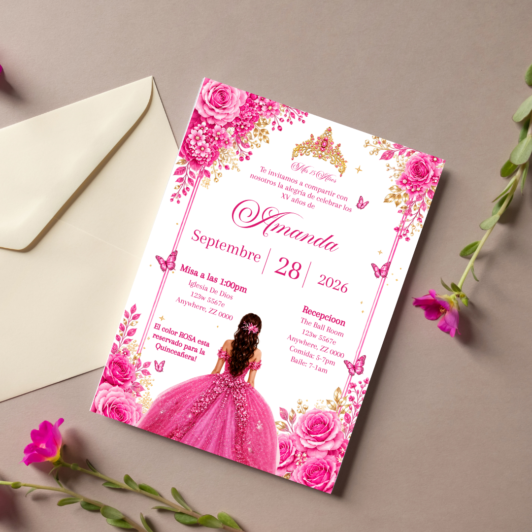 Editable Pink Quinceañera Invitation | Spanish Digital XV Invite
