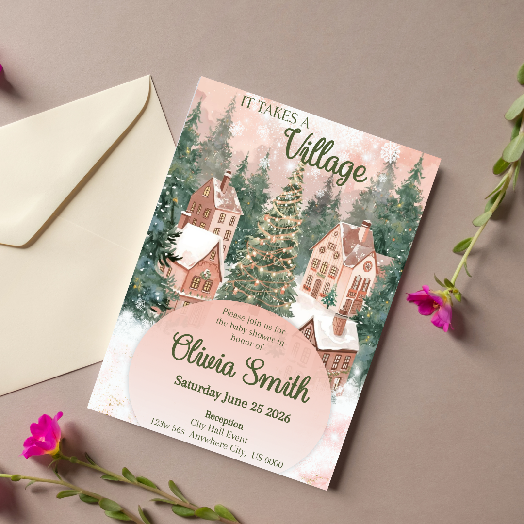 Pink "It takes a Village" Babyshower Cardstock Invites