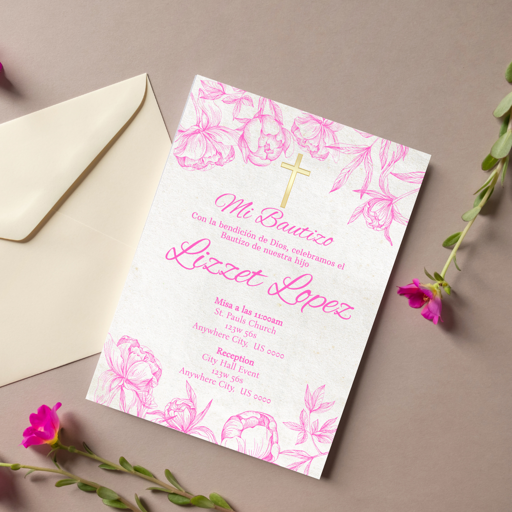 Pink Bautizo Cardstock Invite